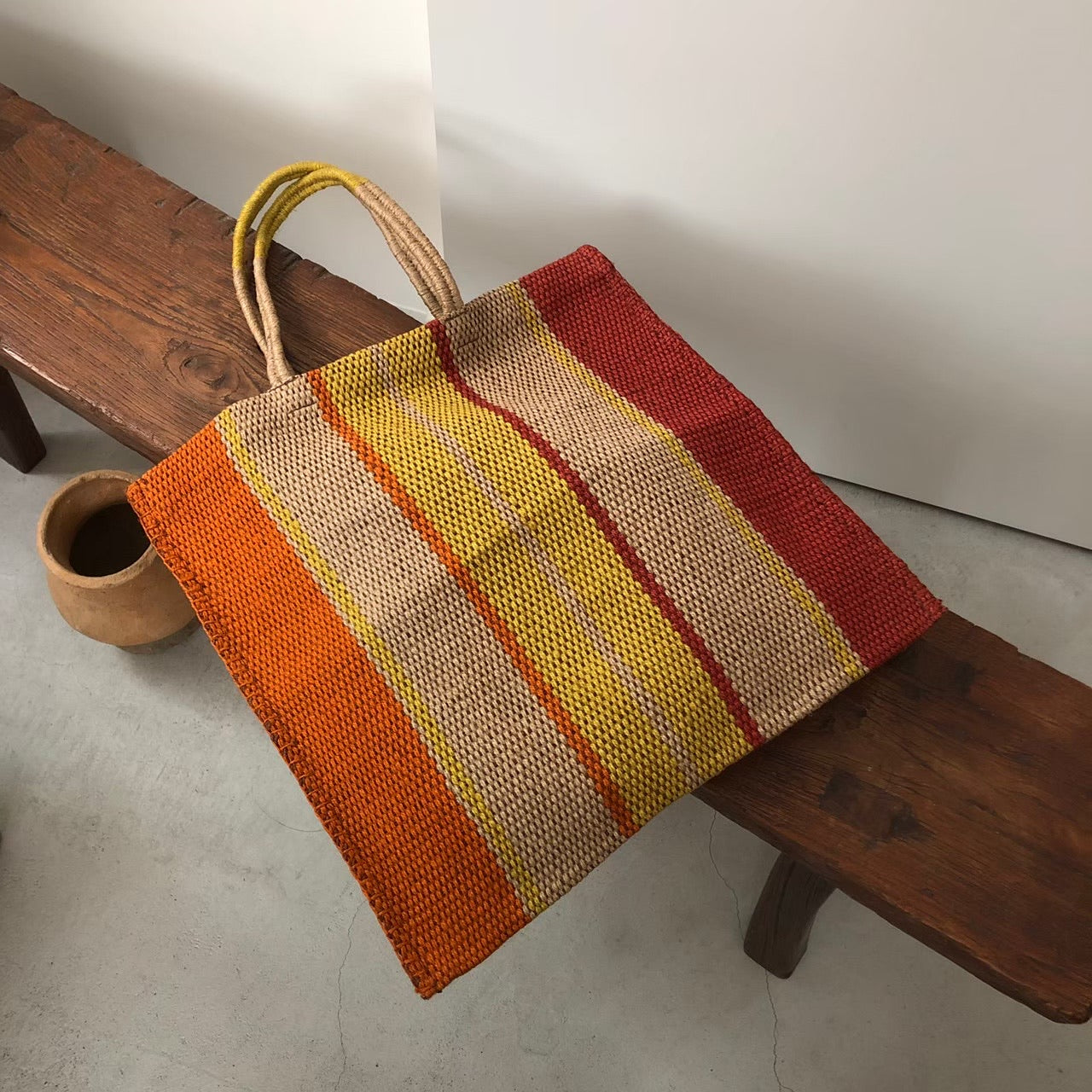 Maison Bengal  / Hand woven jute bag / Thick Stripe / Orange × Yellow